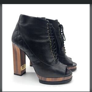 Chanel Quilted Open-Toe Lace-Up Boots 37.5